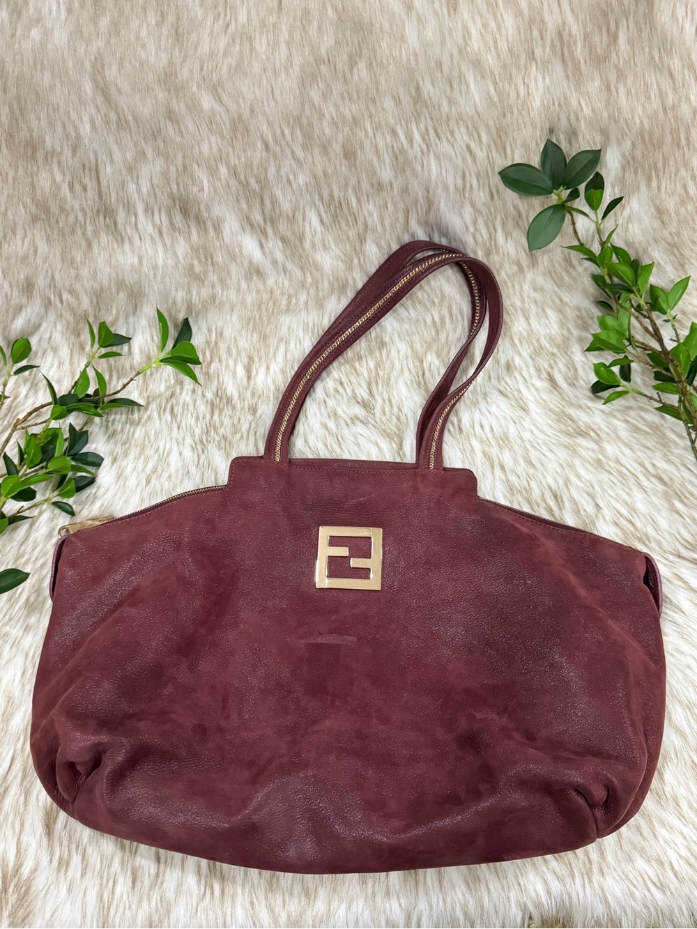 Fendi Lampo Wine/ Burgundy Suede Tote with Gold Logo